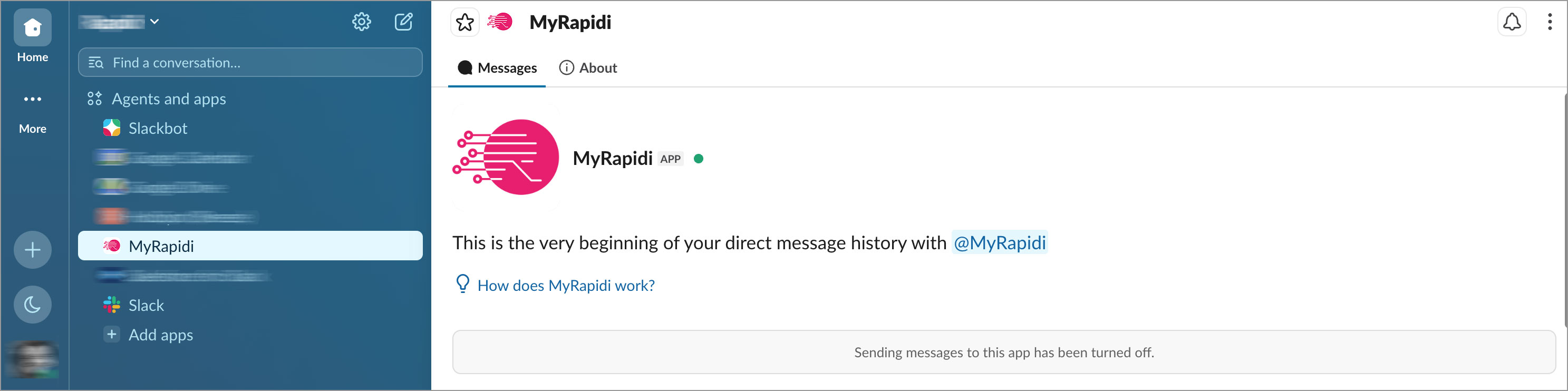 Welcome screen on the Slack MyRapidi App